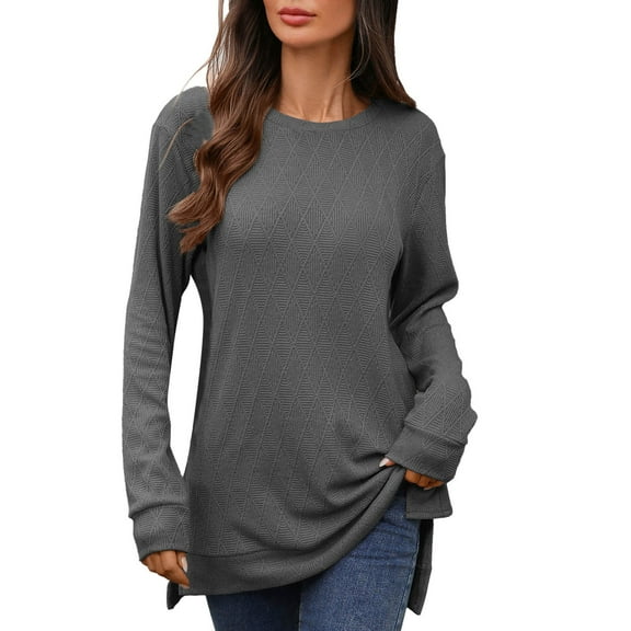 XIAONU T Shirts For Womens pleasure Geometric Jacquard baggy Fit Long Sleeve Round Neck T Shirt Comfortable Knit Top For Daily Wear