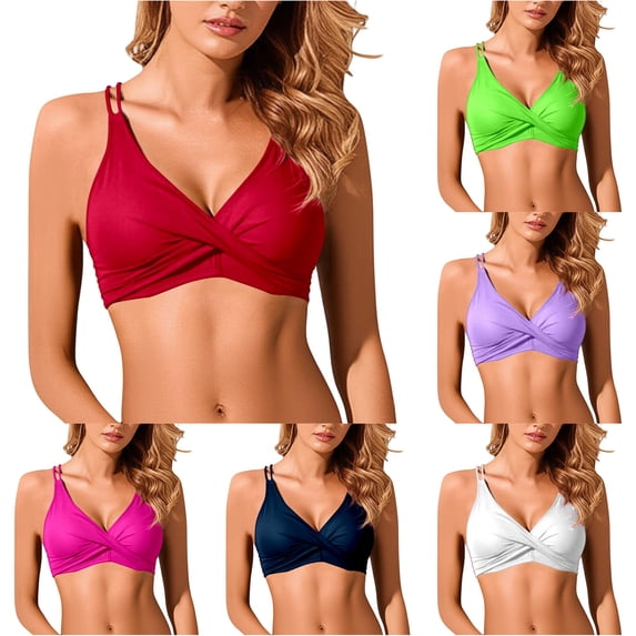 XIAONU Thin Strap Cross Wrap Bikini Top for Women Solid Summer Shore Swim Separates