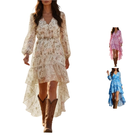 XIAONU Tie Dye Maxi Dress For Women Long Sleeve V Neck High Low Ruffle Hem Western Sundress