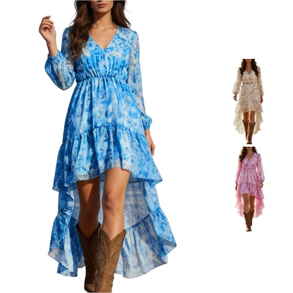 XIAONU Tie Dye Maxi Dress For Women Long Sleeve V Neck High Low Ruffle Hem Western Sundress