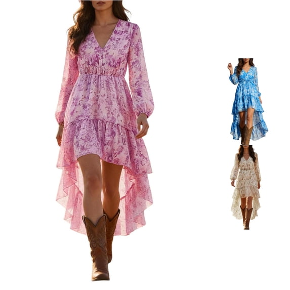 XIAONU Tie Dye Maxi Dress For Women Long Sleeve V Neck High Low Ruffle Hem Western Sundress