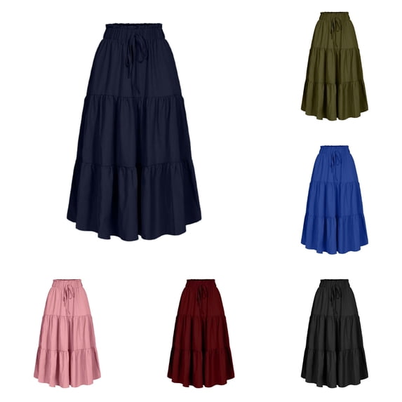 XIAONU Tiered Midi Skirt For Women Elastic Waist Drawstring Casual Flowy A Line Skirt