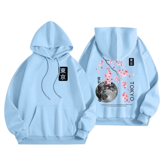 XIAONU Tokyo Graphic Hoodie For Women Oversized Cherry Blossom Print Pullover Top Soft Casual Travel Hoodies