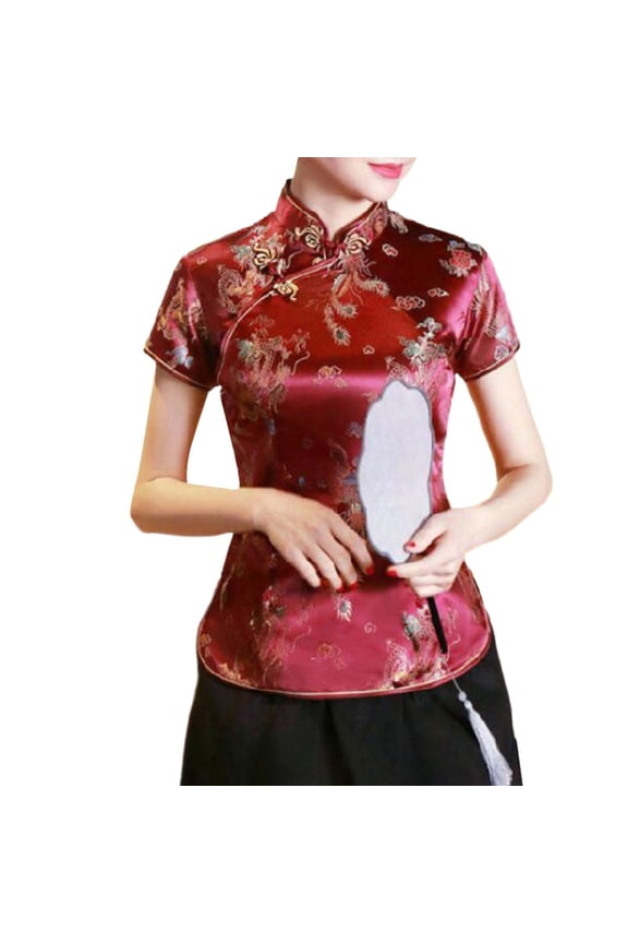 Traditional Qipao Blouse for Women Mandarin Collar Short Sleeve Formal Shirt