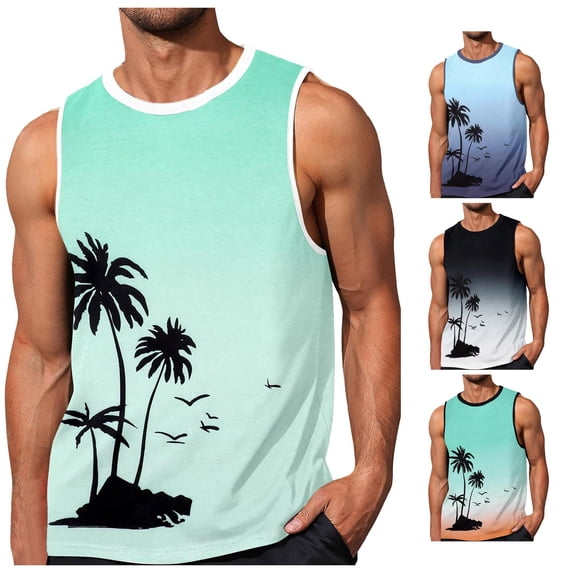 XIAONU Tree Print Sleeveless Tank Top for Men Gradient Color Beach Casual Muscle Shirt