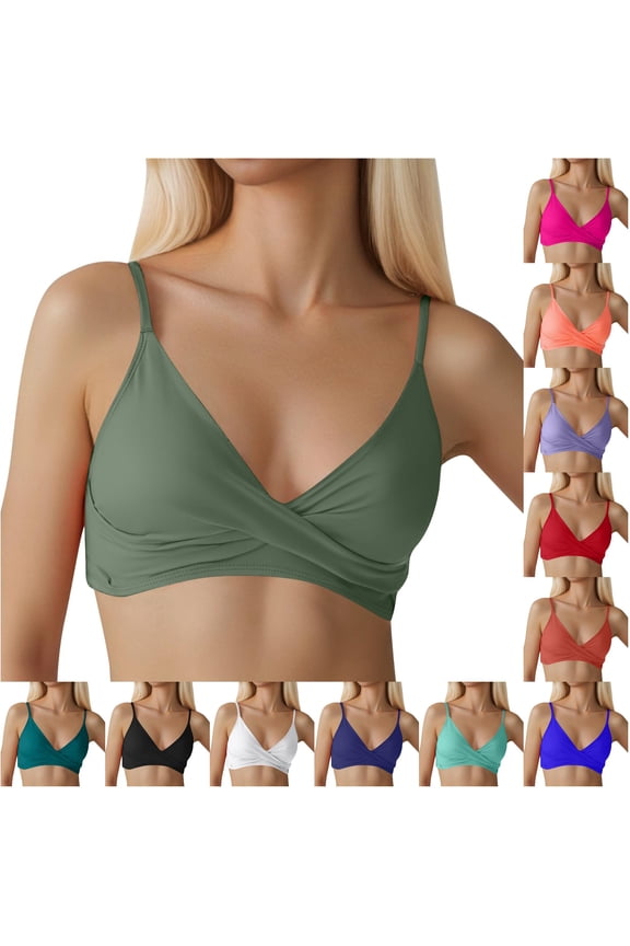 Twist Front Triangle Bikini Top for Women V Neck Spaghetti Strap Summer Beach Bathing Suit Top