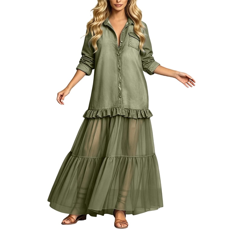 XIAONU Two-Tiered Maxi Dress for Women Turn Down Collar Long-Sleeve Dresses Boho Fall Festival Sundress