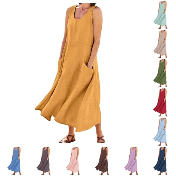 XIAONU U Neck Tank Dress for Women Sleeveless Pocket Flowy Summer Midi Dress