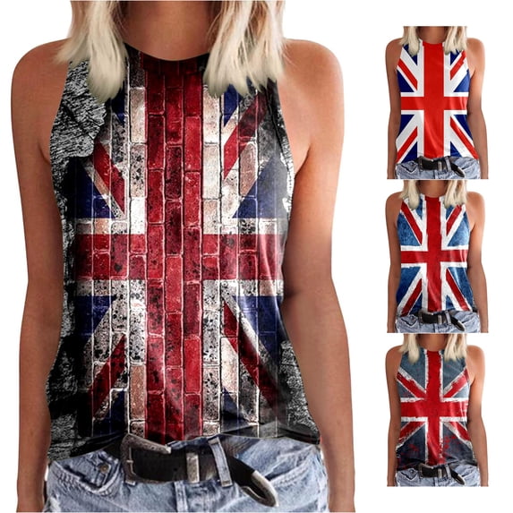 XIAONU Union Jack Flag Print Tank Top for Women Sleeveless High Neck Vintage Summer Vest