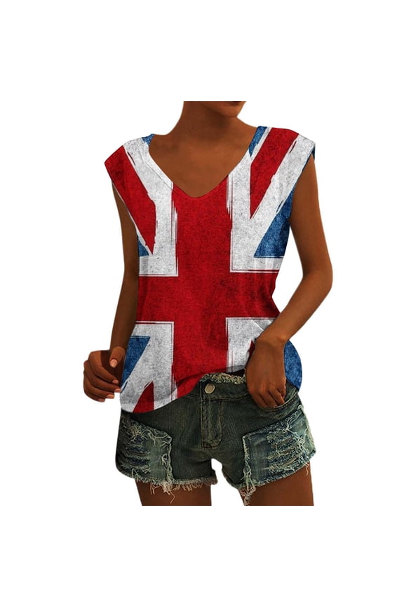 Union Jack Print V Neck Tank Top For Women Sleeveless Loose Fit Tees Soft Breathable Patriotic Casual Blouse