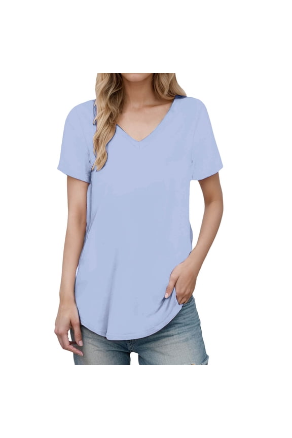 V-Neck Curved Hem T-Shirt for Women Relaxed-Fit Casual Everyday Short-Sleeve Tee