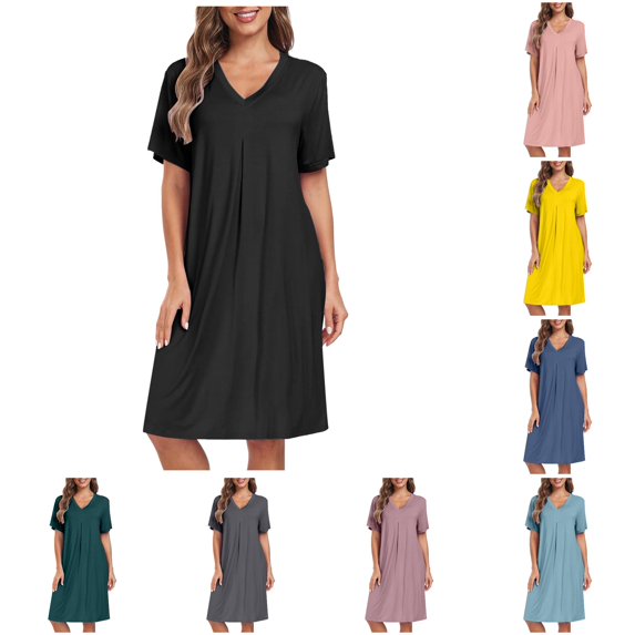 XIAONU V Neck Loose Sleep Dress For Women Short Sleeve Soft Casual Night Gown