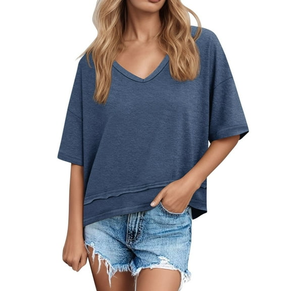 XIAONU V-Neck Tee Women Soft Everyday Basic Top Comfortable Short Sleeve Shirt