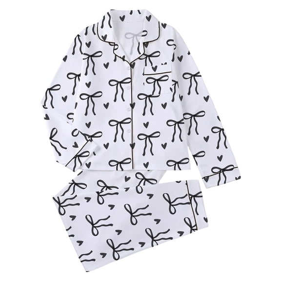 XIAONU Valentine's Day Floral Print Sleepwear Set Cozy Long Sleeve Lapel Top and Soft Pants for Women