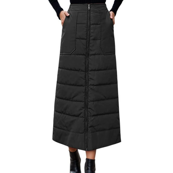 XIAONU Warm Quilted Skirt For Women Maxi Zip Closure Pocketed Skirt Insulated Stylish Cold Weather Skirts