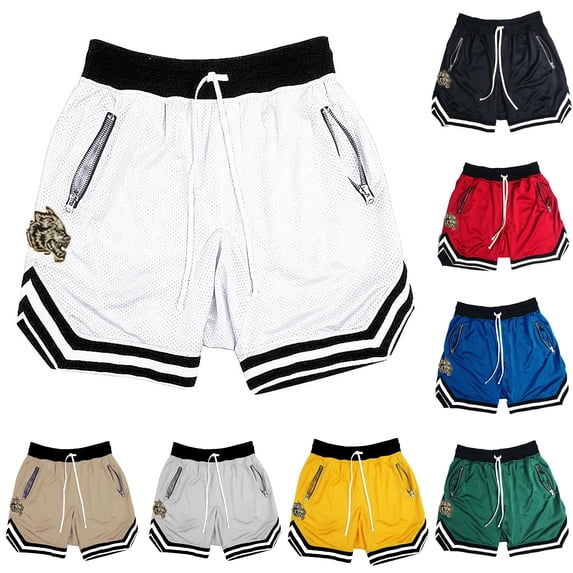 XIAONU Wolf Patch Mesh Shorts for Men Drawstring Waist Zipper Pockets Athletic Shorts