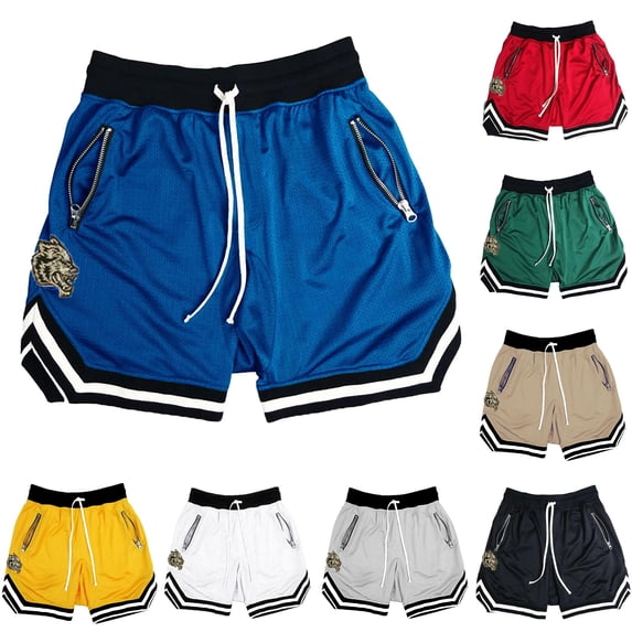 XIAONU Wolf Patch Mesh Shorts for Men Drawstring Waist Zipper Pockets Athletic Shorts