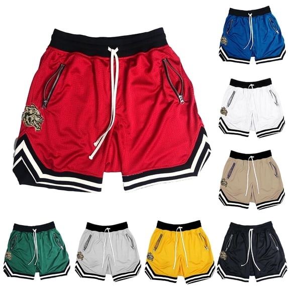 XIAONU Wolf Patch Mesh Shorts for Men Drawstring Waist Zipper Pockets Athletic Shorts