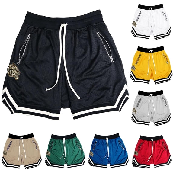 XIAONU Wolf Patch Mesh Shorts for Men Drawstring Waist Zipper Pockets Athletic Shorts