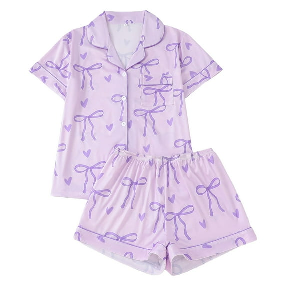 XIAONU Women Bow Print Two Piece Pajama Set Button Down Top Shorts Soft Lightweight Sleepwear Pajamas Purple