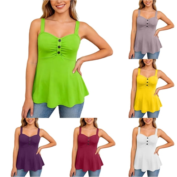 XIAONU Women Button Cami Tank Top Sleeveless Ruched Flared Hem Casual Blouse