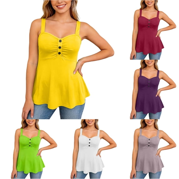 XIAONU Women Button Cami Tank Top Sleeveless Ruched Flared Hem Casual Blouse