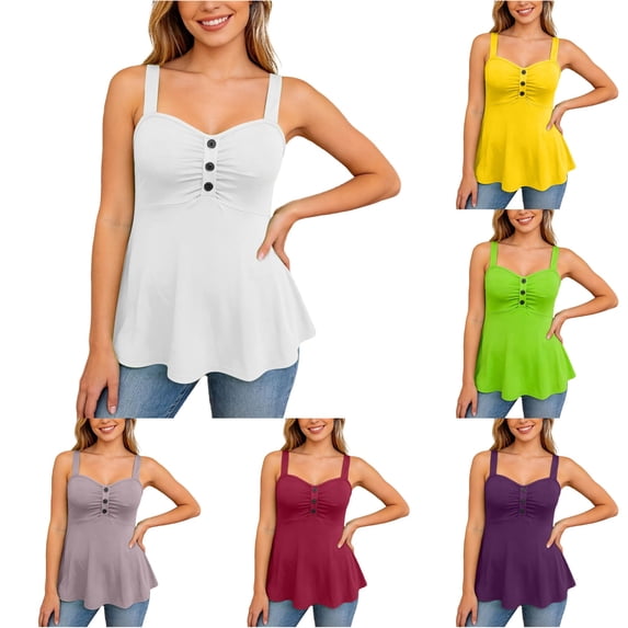 XIAONU Women Button Cami Tank Top Sleeveless Ruched Flared Hem Casual Blouse