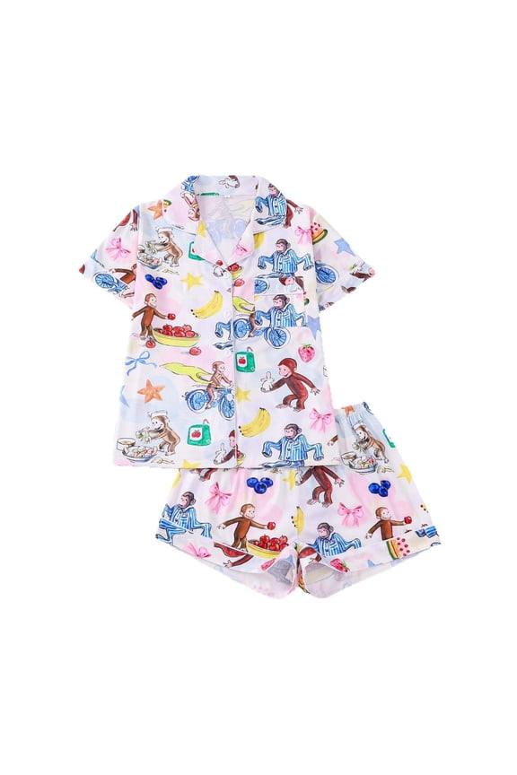 Women Cartoon Monkey Print Two Piece Pajama Set Short Sleeve Button Down Top Shorts Soft Comfortable Sleepwear Pajamas White