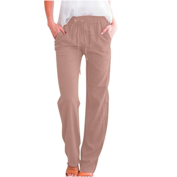 XIAONU Women Casual Pull-On Pants Drawstring Waist Relaxed Fit Trousers Lightweight Comfortable Daily Wear Bottoms Khaki