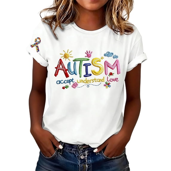 XIAOCHA Women Casual Short Sleeve T-Shirt Autism Graphic Print Crew Neck Accept Understand Love Tee