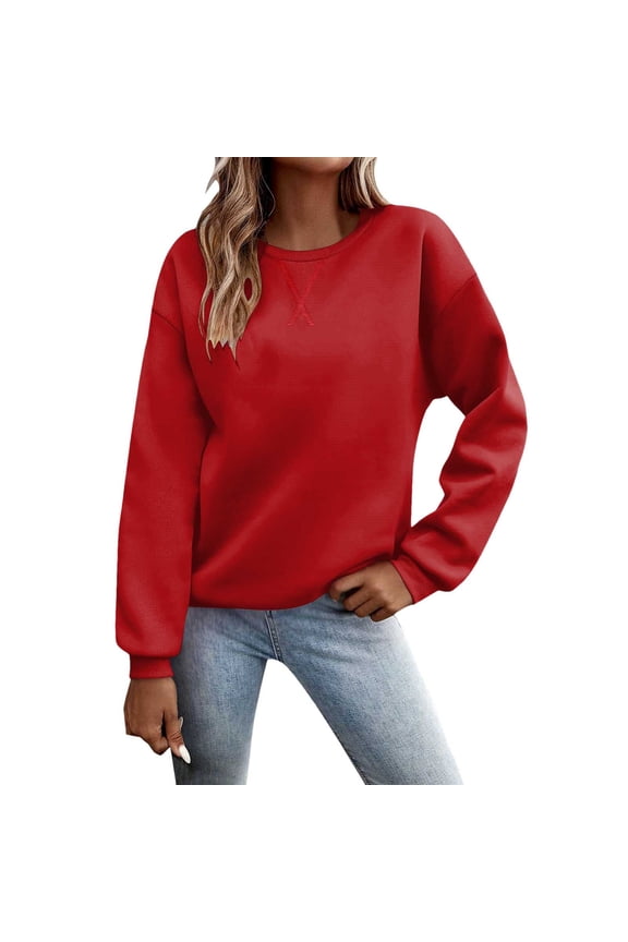 XIAONU Women Casual Solid Color Sweatshirt Oversized Crew Neck Pullover Top Daily Wear Sweatshirts Red