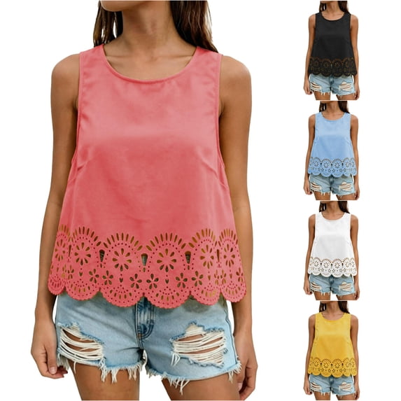 XIAONU Women Eyelet Hem Tank Top Sleeveless Round Neck Cropped Summer Blouse