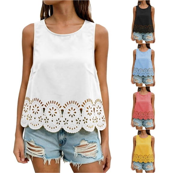 XIAONU Women Eyelet Hem Tank Top Sleeveless Round Neck Cropped Summer Blouse