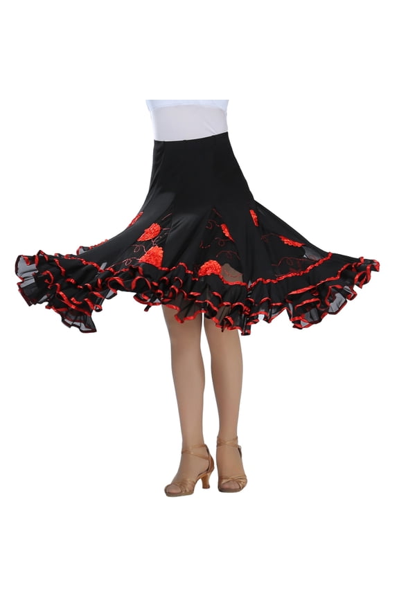 Women Floral Embroidered Ruffle Dance Skirt Flared A-Line Full Circle Skirt Lightweight Breathable Latin Ballroom Performance Skirt
