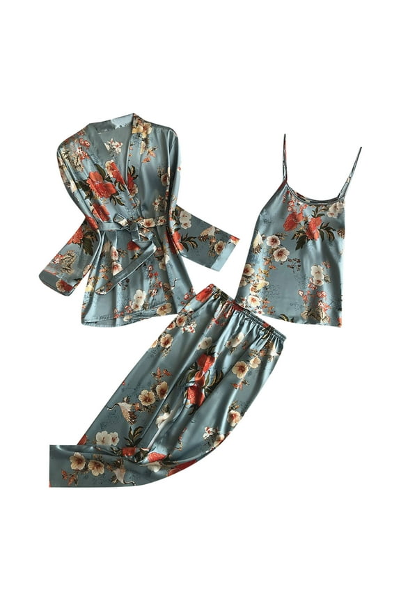 Women Floral Print Three Piece Pajama Set Kimono Robe Cami Top Pants Silky Smooth Sleepwear Pajamas Green