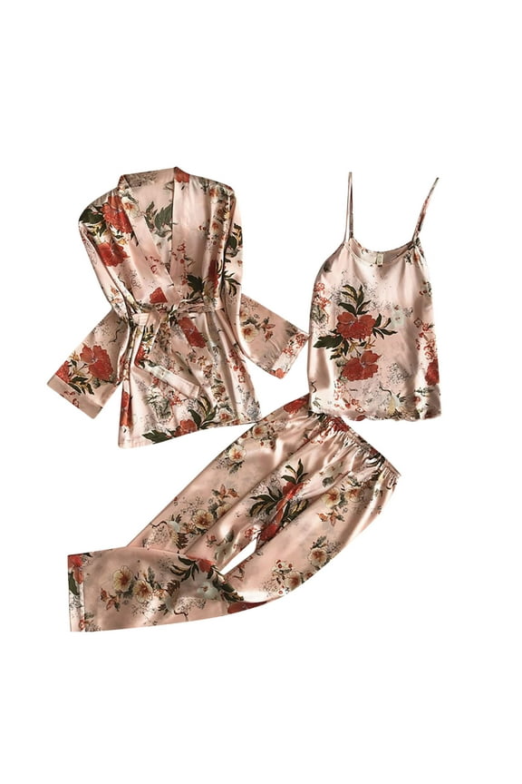 Women Floral Print Three Piece Pajama Set Kimono Robe Cami Top Pants Silky Smooth Sleepwear Pajamas Pink
