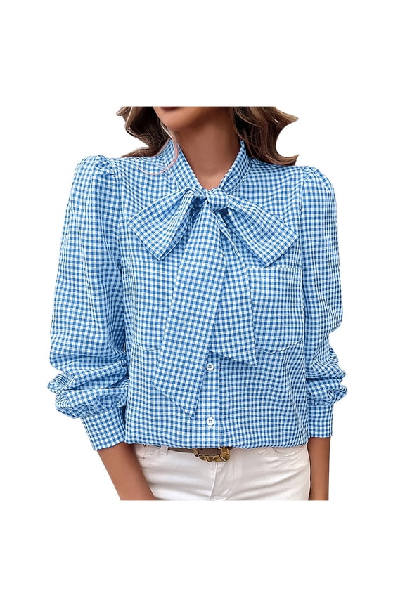 Women Gingham Blouse Loose Long Sleeve Bow Tie Neck Puff Sleeve Pocket Shirt Cute Preppy Casual Office Wear Top