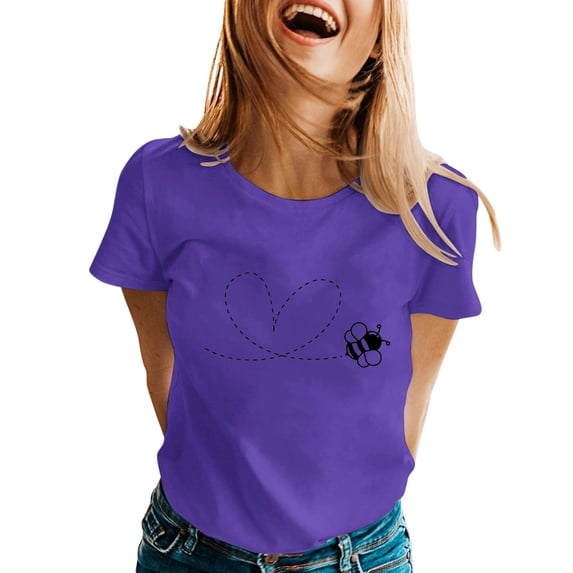XIAONU Women Graphic Print T Shirt Crew Neck Short Sleeve Bee Heart Top Soft Casual Outing Tees