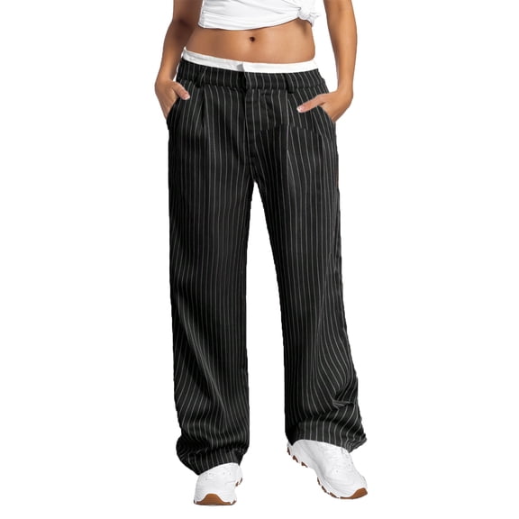XIAONU Women High Waist Pinstripe Wide Leg Trousers Contrast Waistband Pleated Loose Fit Work Pants