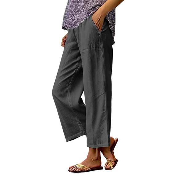 XIAONU Women Linen Cropped Pants High Waist Pocketed Loose Fit Cropped Trousers Lightweight Breathable Casual Daily Bottoms