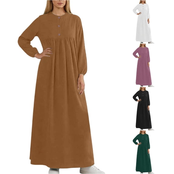 XIAONU Women Long Sleeve Loose Maxi Dress Round Neck Casual Modest Long Gown