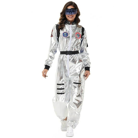 XIAONU Women Metallic Astronaut Patched Belted Jumpsuit Space Themed