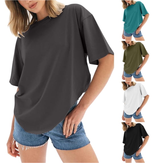 XIAONU Women Oversized Solid T Shirt Crew Neck Short Sleeve Summer Tees
