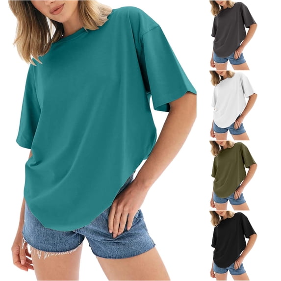 XIAONU Women Oversized Solid T Shirt Crew Neck Short Sleeve Summer Tees