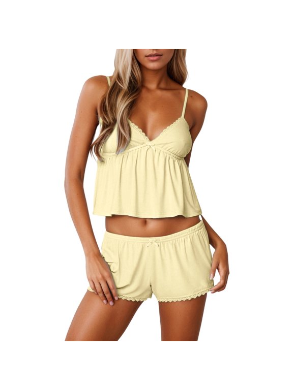 Women Pajama Set Soft Lace Bow Strap Shorts Homewear Breathable Comfort Casual Daily Wear Set