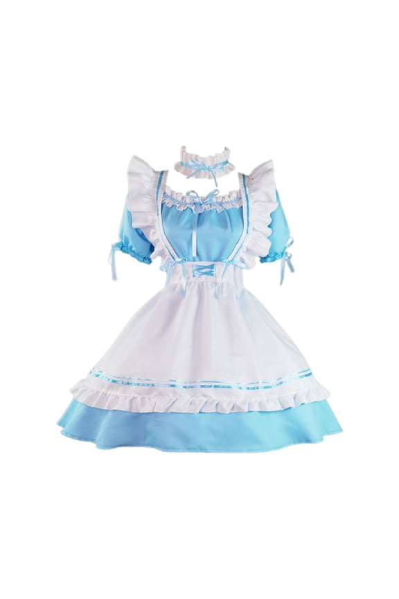 Women Ruffled Maid Costume Lace Up Tiered Dress Set Themed Event Costumes