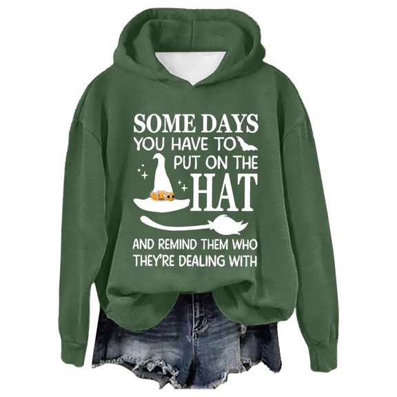 XIAONU Hoodies For Women Long Sleeves Halloween Letter Print Hoodies Oversized Loose Pullover Sweatshirts Hood Neck Shirts