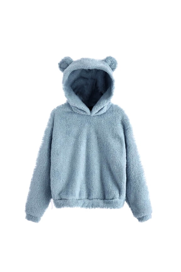 Women'S Hoodies Bear Ear Fleece Lined Warm Hooded Sweatshirt Solid Color Thick Long Sleeve Pullover Hoodie