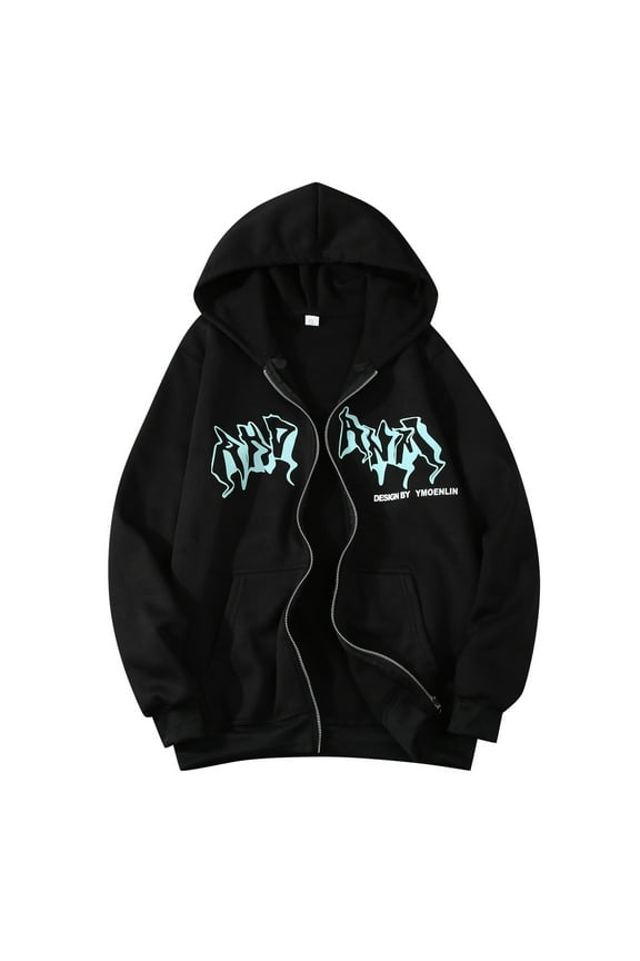 Women'S Hoodies Long Sleeves Letter Print Zip Up Drawstring Sweatshirt Hip Hop Trendy Hooded Jacket Streetwear Gothic