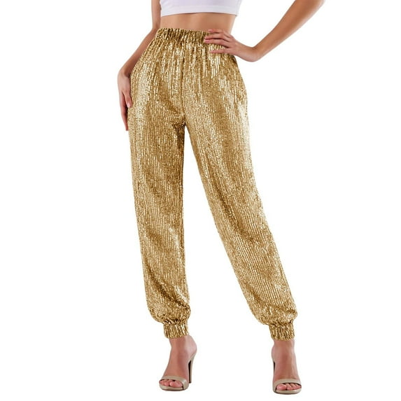 XIAONU Women Sequin Joggers Elastic Waist Hem Full Length Trousers Shiny Glamorous Party Performance Bottoms